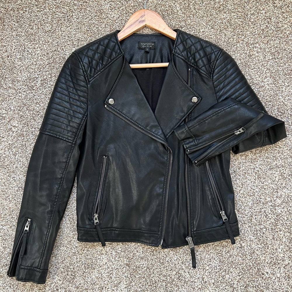 Topshop faux leather biker jacket in black size US 4.